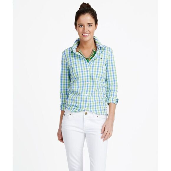 Vineyard vines green blue gingham long sleeve button down top size 6 - Picture 2 of 11